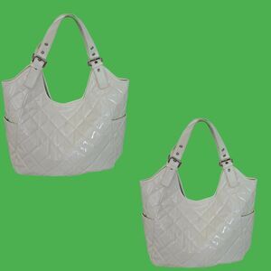 Women's White Shoulder Satchel Diaper Bag w/Lime Green Polka Dot Lining EUC